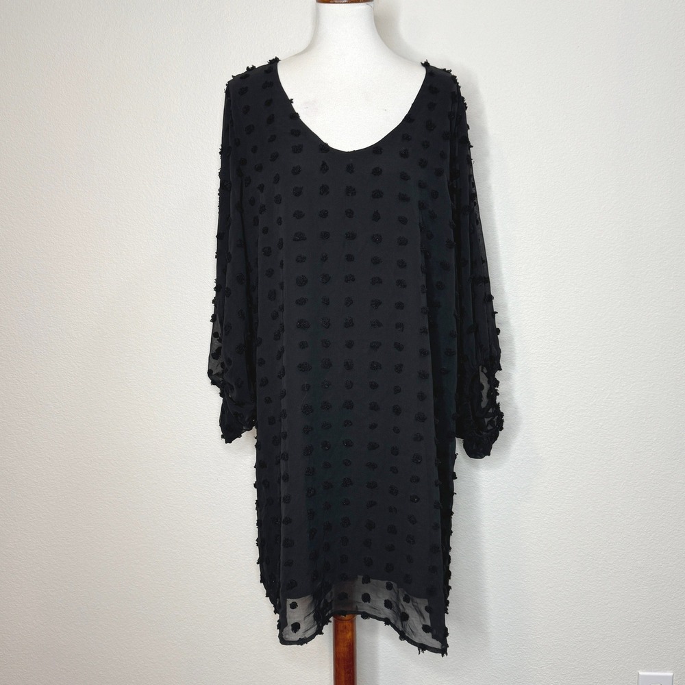 EE:SOME Clip Dot Mini Dress NEW Black XL Sheer Scoop 3/4 Balloon Sleeves‎